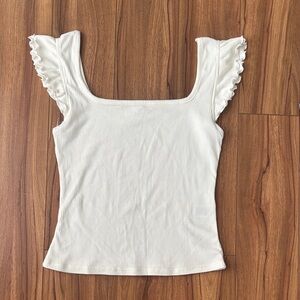 Cream Ruffled Sleeve Ribbed Top